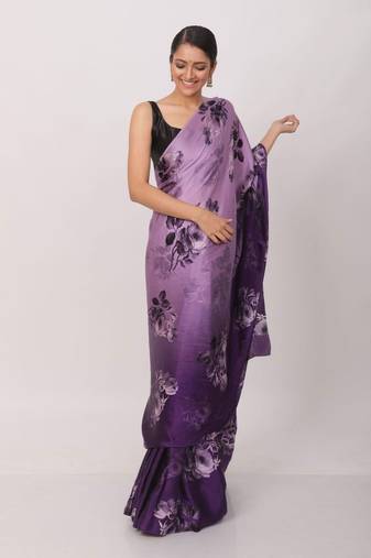 Purple Digital Printed Pure Japan Satin Saree With Blouse
