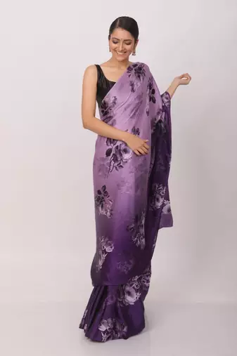 Purple Digital Printed Pure Japan Satin Saree With Blouse
