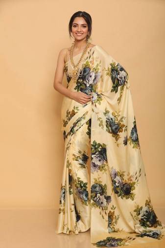 Cream Digital Printed Pure Japan Satin Saree With Blouse