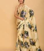 Cream Digital Printed Pure Japan Satin Saree With Blouse