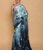 Blue Digital Printed Pure Japan Satin Saree With Blouse