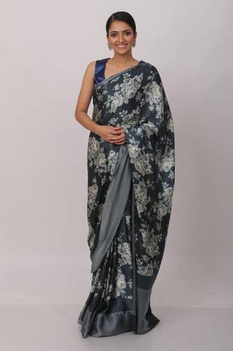 Black Digital Printed Pure Japan Satin Saree With Blouse