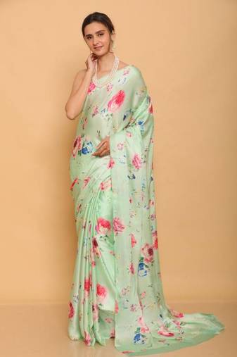 Sea Green Digital Printed Pure Japan Satin Saree With Blouse