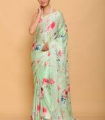 Sea Green Digital Printed Pure Japan Satin Saree With Blouse