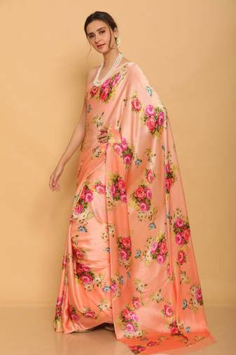 Peach Digital Printed Pure Japan Satin Saree With Blouse