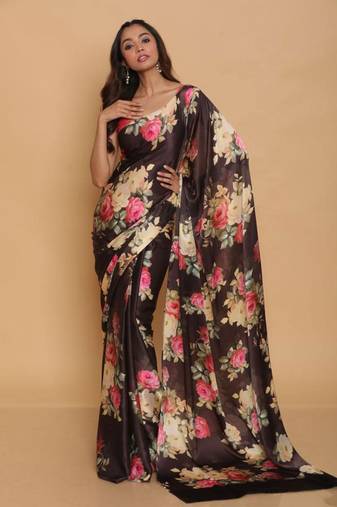 Black Digital Printed Pure Japan Satin Saree With Blouse