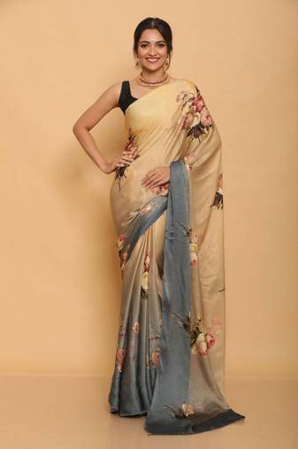 Cream Digital Printed Pure Japan Satin Saree With Blouse