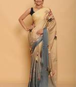 Cream Digital Printed Pure Japan Satin Saree With Blouse