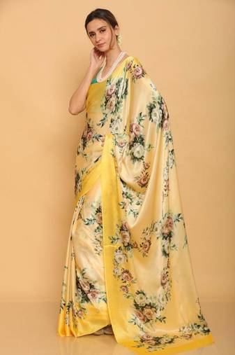 Yellow Digital Printed Pure Japan Satin Saree With Blouse
