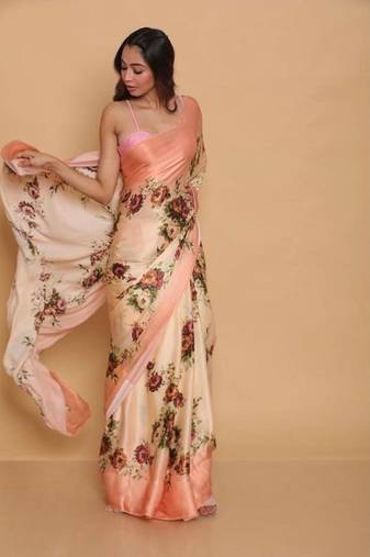 Peach Digital Printed Pure Japan Satin Saree With Blouse