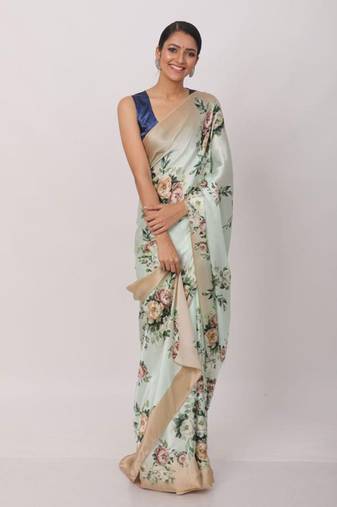 Sea Green Digital Printed Pure Japan Satin Saree With Blouse