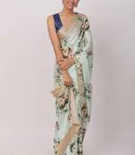 Sea Green Digital Printed Pure Japan Satin Saree With Blouse