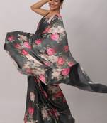 Black Digital Printed Pure Japan Satin Saree With Blouse