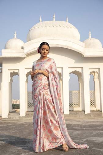 Multicolor Digital Printed Pure Japan Satin Designer Saree With Blouse