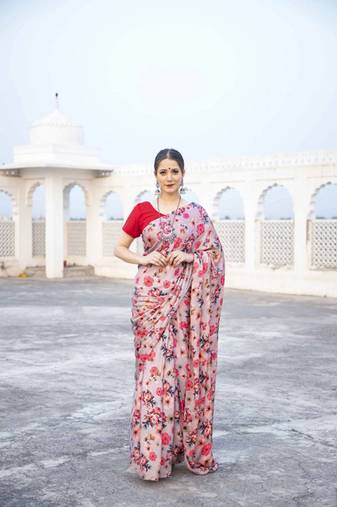 Multicolor Digital Printed Pure Japan Satin Designer Saree With Blouse