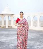 Multicolor Digital Printed Pure Japan Satin Designer Saree With Blouse