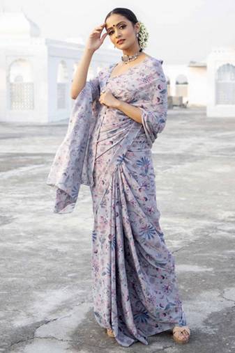 Multicolor Digital Printed Pure Japan Satin Designer Saree With Blouse