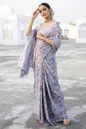 Multicolor Digital Printed Pure Japan Satin Designer Saree With Blouse