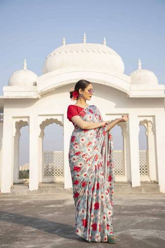 Multicolor Digital Printed Pure Japan Satin Designer Saree With Blouse