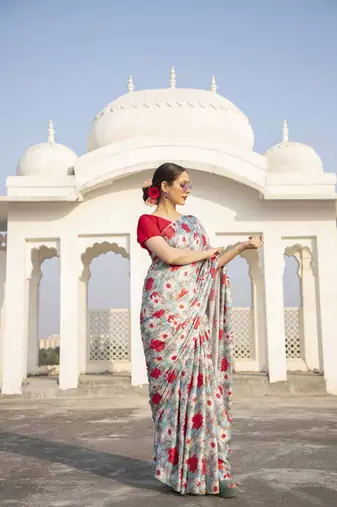 Multicolor Digital Printed Pure Japan Satin Designer Saree With Blouse