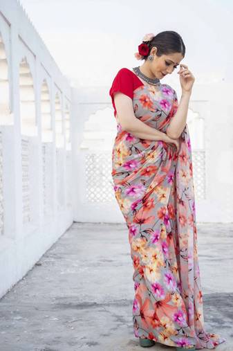 Multicolor Digital Printed Pure Japan Satin Designer Saree With Blouse