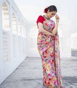 Multicolor Digital Printed Pure Japan Satin Designer Saree With Blouse