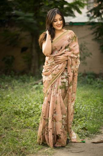 Brown Digital Printed Munnar Slub Designer Saree With Blouse