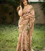 Brown Digital Printed Munnar Slub Designer Saree With Blouse