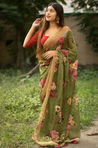 Green Digital Printed Munnar Slub Designer Saree With Blouse