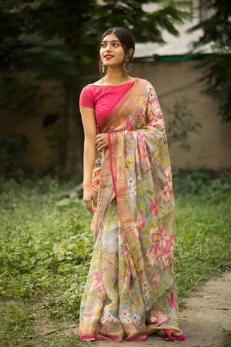 Multicolor Digital Printed Munnar Slub Designer Saree With Blouse