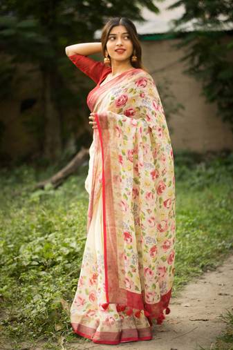 Multicolor Digital Printed Munnar Slub Designer Saree With Blouse