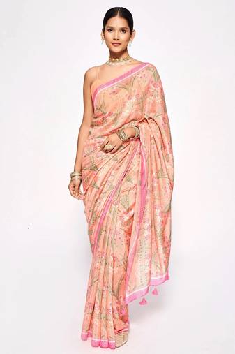 Peach Embroidery With Digital Printed Pure Chinon Designer Saree With Blouse