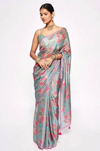 Teal Embroidery With Digital Printed Pure Chinon Designer Saree With Blouse