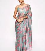 Teal Embroidery With Digital Printed Pure Chinon Designer Saree With Blouse