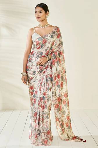 Multicolor Embroidery With Digital Printed Pure Chinon Designer Saree With Blouse