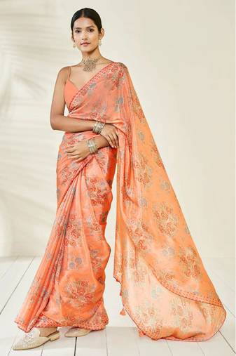 Orange Embroidery With Digital Printed Pure Chinon Designer Saree With Blouse