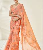 Orange Embroidery With Digital Printed Pure Chinon Designer Saree With Blouse