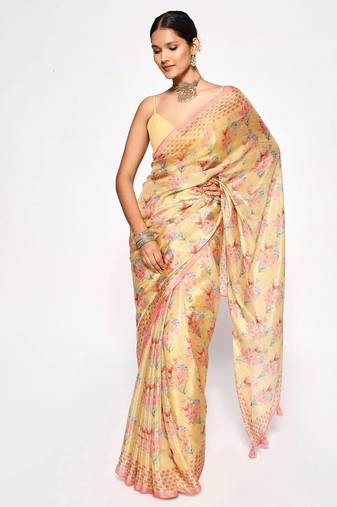 Mustard Embroidery With Digital Printed Pure Chinon Designer Saree With Blouse