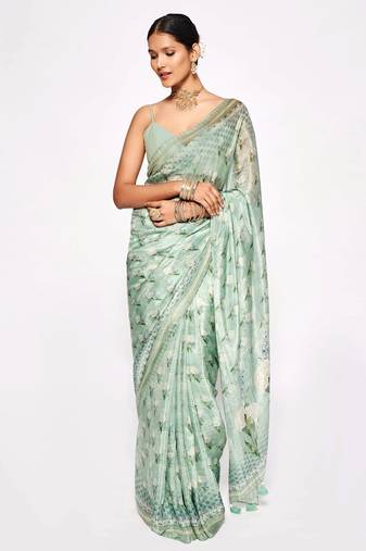 Sea Green Embroidery With Digital Printed Pure Chinon Designer Saree With Blouse