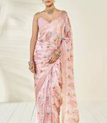 Baby Pink Embroidery With Digital Printed Pure Chinon Designer Saree With Blouse