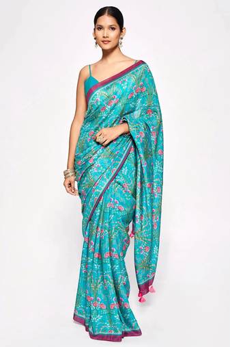 Turquoise Embroidery With Digital Printed Pure Chinon Designer Saree With Blouse