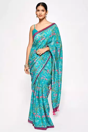 Turquoise Embroidery With Digital Printed Pure Chinon Designer Saree With Blouse