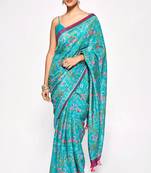 Turquoise Embroidery With Digital Printed Pure Chinon Designer Saree With Blouse