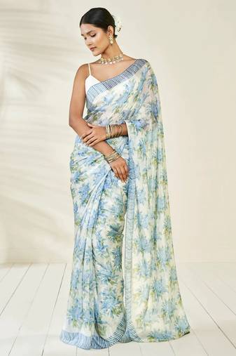 Blue Embroidery With Digital Printed Pure Chinon Designer Saree With Blouse