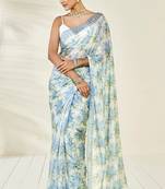 Blue Embroidery With Digital Printed Pure Chinon Designer Saree With Blouse