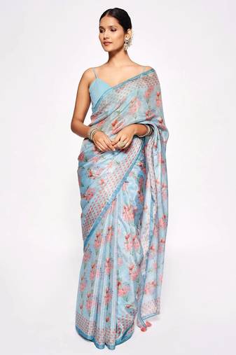 Blue Embroidery With Digital Printed Pure Chinon Designer Saree With Blouse