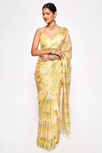 Yellow Embroidery With Digital Printed Pure Chinon Designer Saree With Blouse