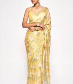 Yellow Embroidery With Digital Printed Pure Chinon Designer Saree With Blouse