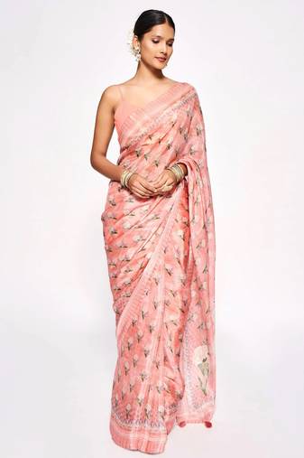 Pink Embroidery With Digital Printed Pure Chinon Designer Saree With Blouse