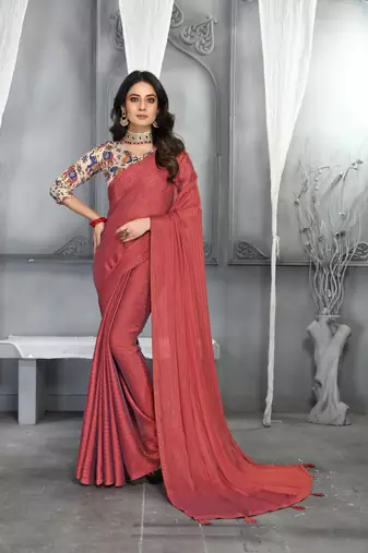 Coral Sequence With Digital Printed Silk Moss Designer Saree With Blouse